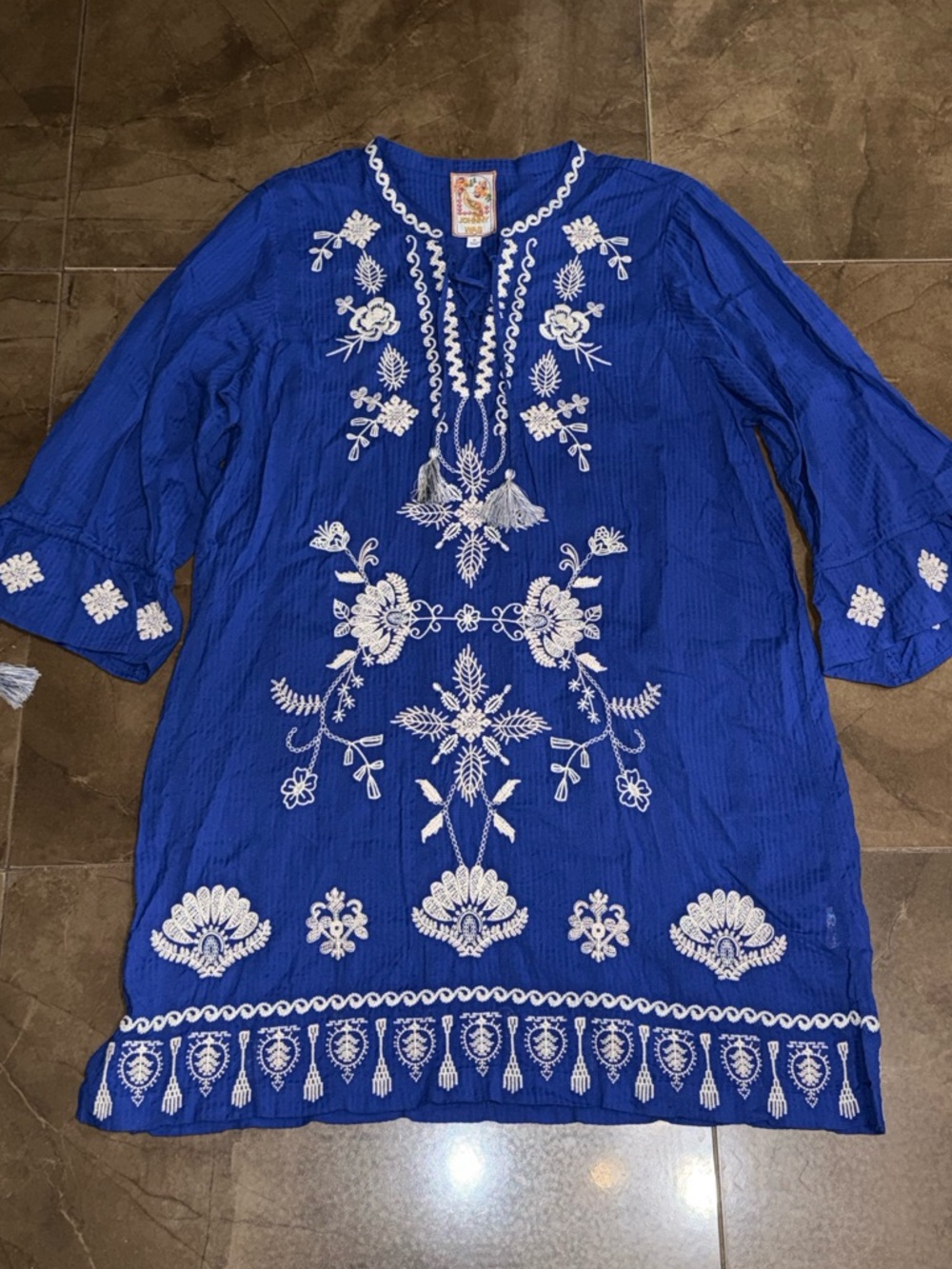 Johnny Was Royal Blue Tunic with White Embroidery